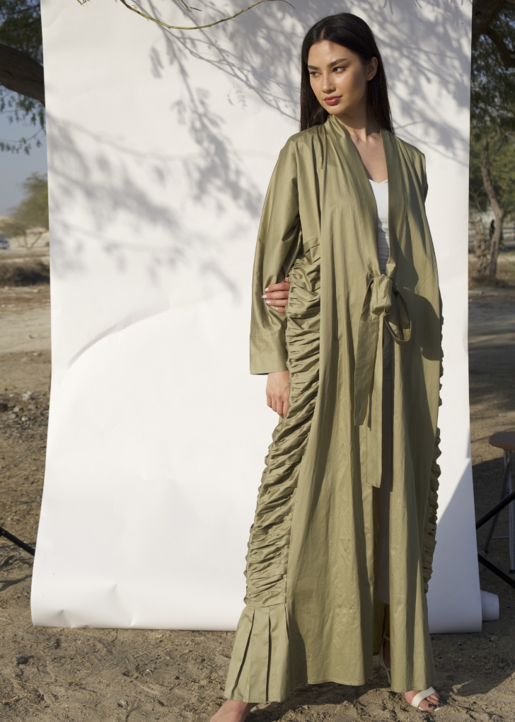 Qomash | Gulf's Luxury Brands-Olive Green Drape Mermaid Abaya.