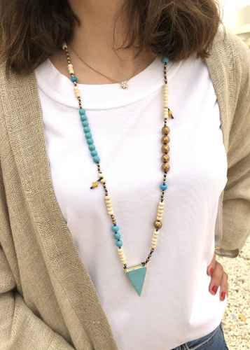 Picture of Turquoise Triangle Bead Necklace (Blue cord)