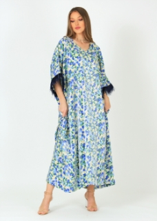 Picture of Blue Floral Kaftan with Blue Fur Trim