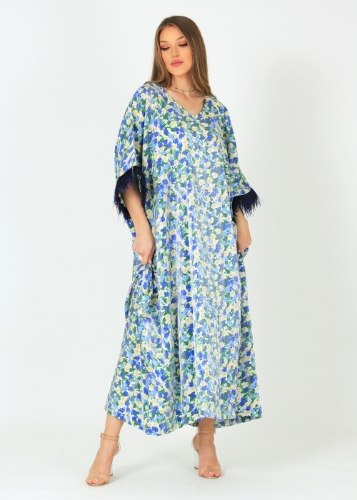 Picture of Blue Floral Kaftan with Blue Fur Trim