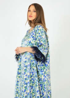 Picture of Blue Floral Kaftan with Blue Fur Trim