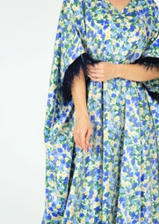 Picture of Blue Floral Kaftan with Blue Fur Trim