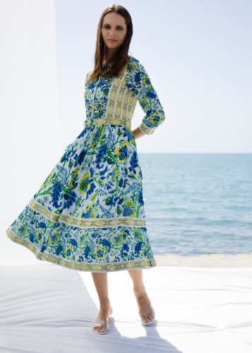 Picture of سماويات - Blue and Yellow Floral Printed  Midi Dress
