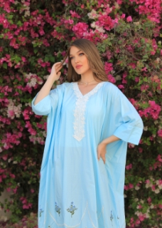 Picture of Baby blue kaftan with floral embroidery trim.