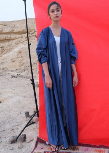 Picture of silk navy bisht abaya with buttons and back embroidery