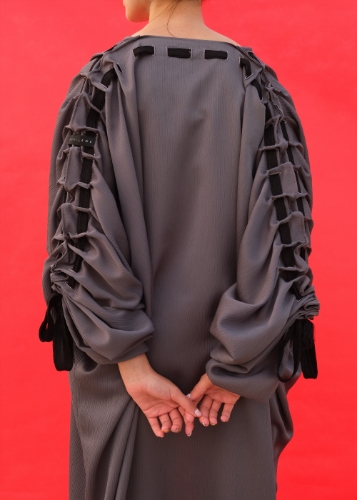 Picture of Gray textured silk abaya with embroidered Moroccan tape 