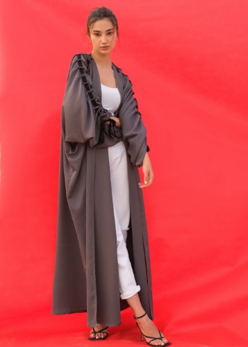Picture of Gray textured silk abaya with embroidered Moroccan tape 