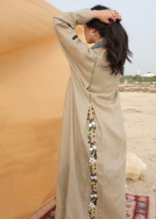 Picture of khaki beige pure linen abaya with handmade embroidery