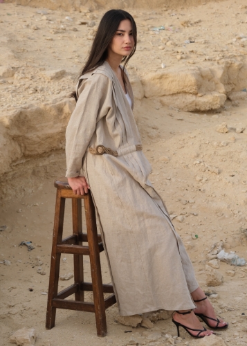 Picture of khaki beige pure linen abaya with straw belt 