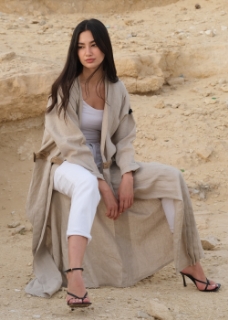 Picture of khaki beige pure linen abaya with straw belt 