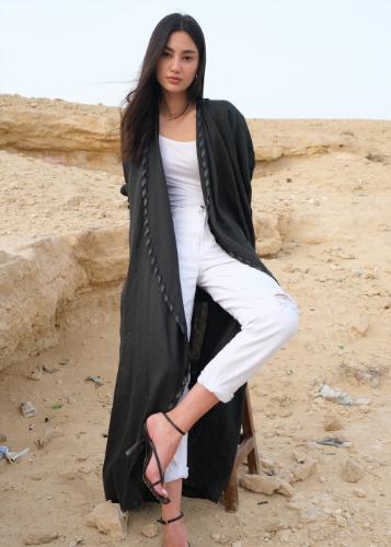 Picture of Army green pure linen waterfall abaya with leather trimmings
