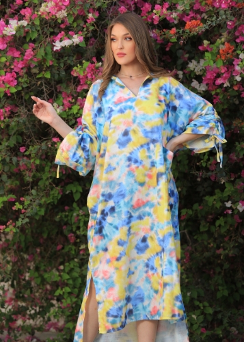 Picture of Hooded tie dye draw string sleeve dress.