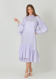 Picture of Floral print flounce sleeve button up cotton dress.