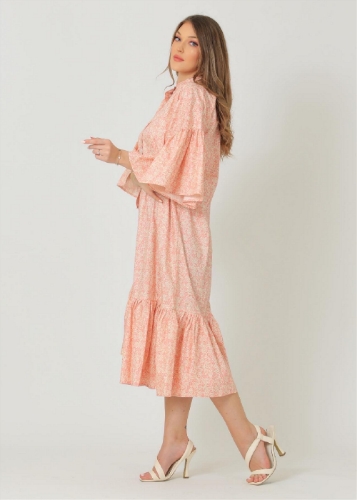 Picture of Floral print flounce sleeve button up cotton dress.