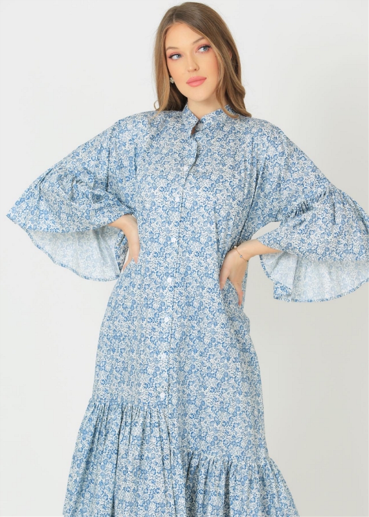 صورة Floral print flounce sleeve button up cotton dress.