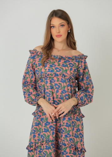 Picture of Off shoulder floral ruffled dress with ruched cuff.