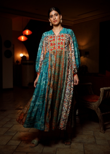 Picture of Embroidered Ethnic Mix Prints Midi Dress