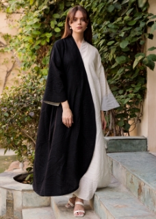 Picture of Black & White leaf textured linen abaya