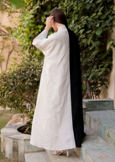 Picture of Black & White leaf textured linen abaya