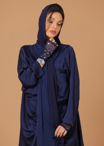 صورة Pure Silk Navy Blue Pleated Sleeves Abaya