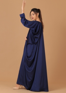 صورة Pure Silk Navy Blue Pleated Sleeves Abaya