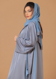 صورة Pure Silk Silver Grey Ribboned Abaya