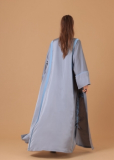 صورة Pure Silk Silver Grey Ribboned Abaya