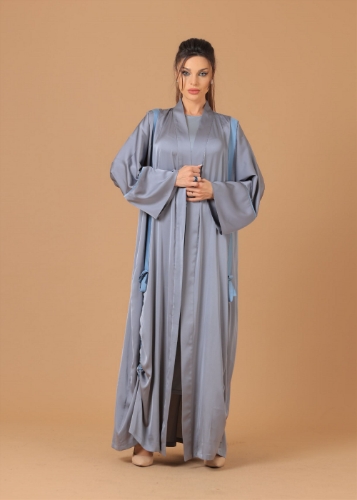 Picture of Pure Silk Silver Grey Ribboned Abaya