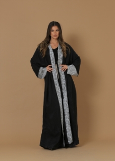 صورة Washed Silk Black Printed Bordered Abaya