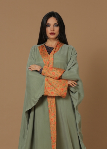 صورة Washed Silk Camo Green Printed Bordered Abaya