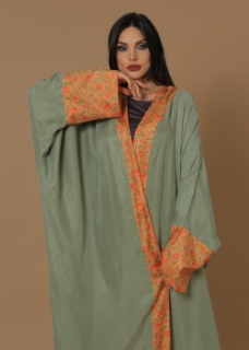 Picture of Washed Silk Camo Green Printed Bordered Abaya