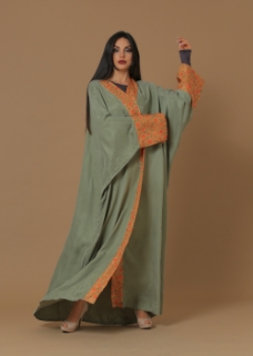 صورة Washed Silk Camo Green Printed Bordered Abaya