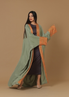 صورة Washed Silk Camo Green Printed Bordered Abaya