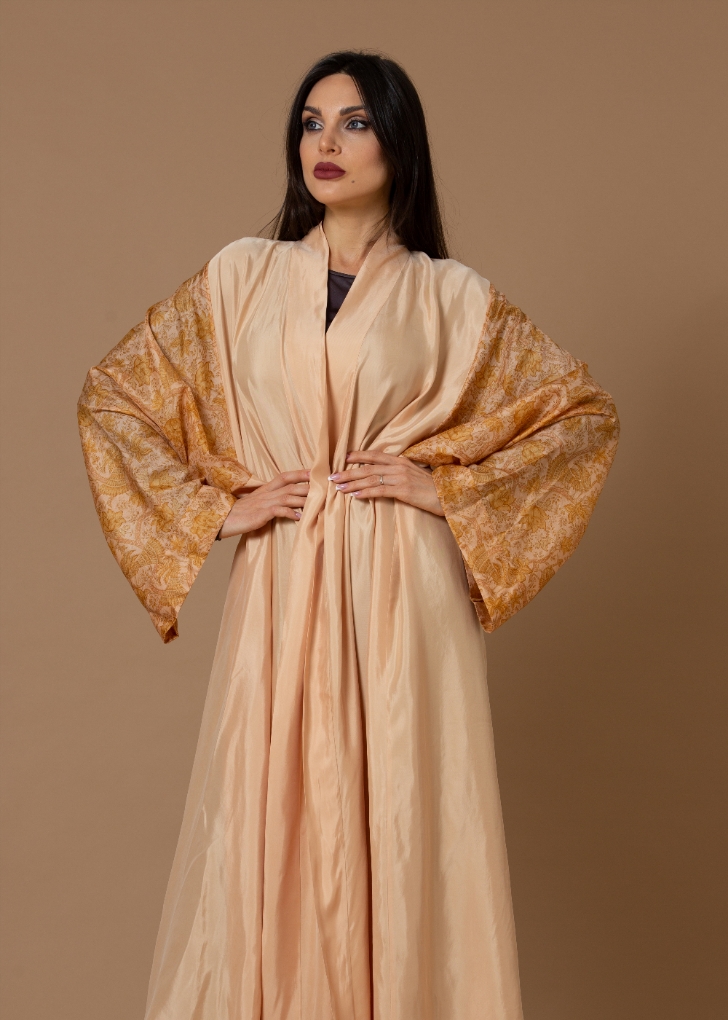 صورة Washed Silk Light Coral Printed Sleeves Abaya