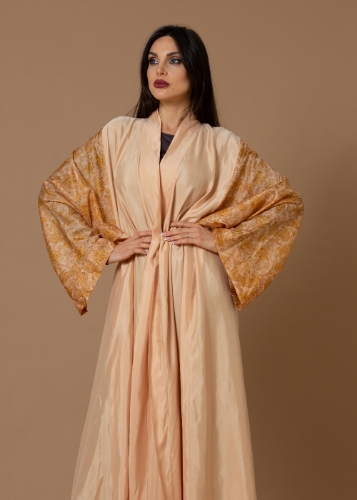 Picture of Washed Silk Light Coral Printed Sleeves Abaya