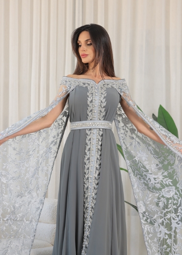 Picture of Silver Grey White Elastic Off-Shoulder Cape Sleeves Embroidered Jalabiya