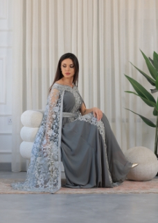 Picture of Silver Grey White Elastic Off-Shoulder Cape Sleeves Embroidered Jalabiya